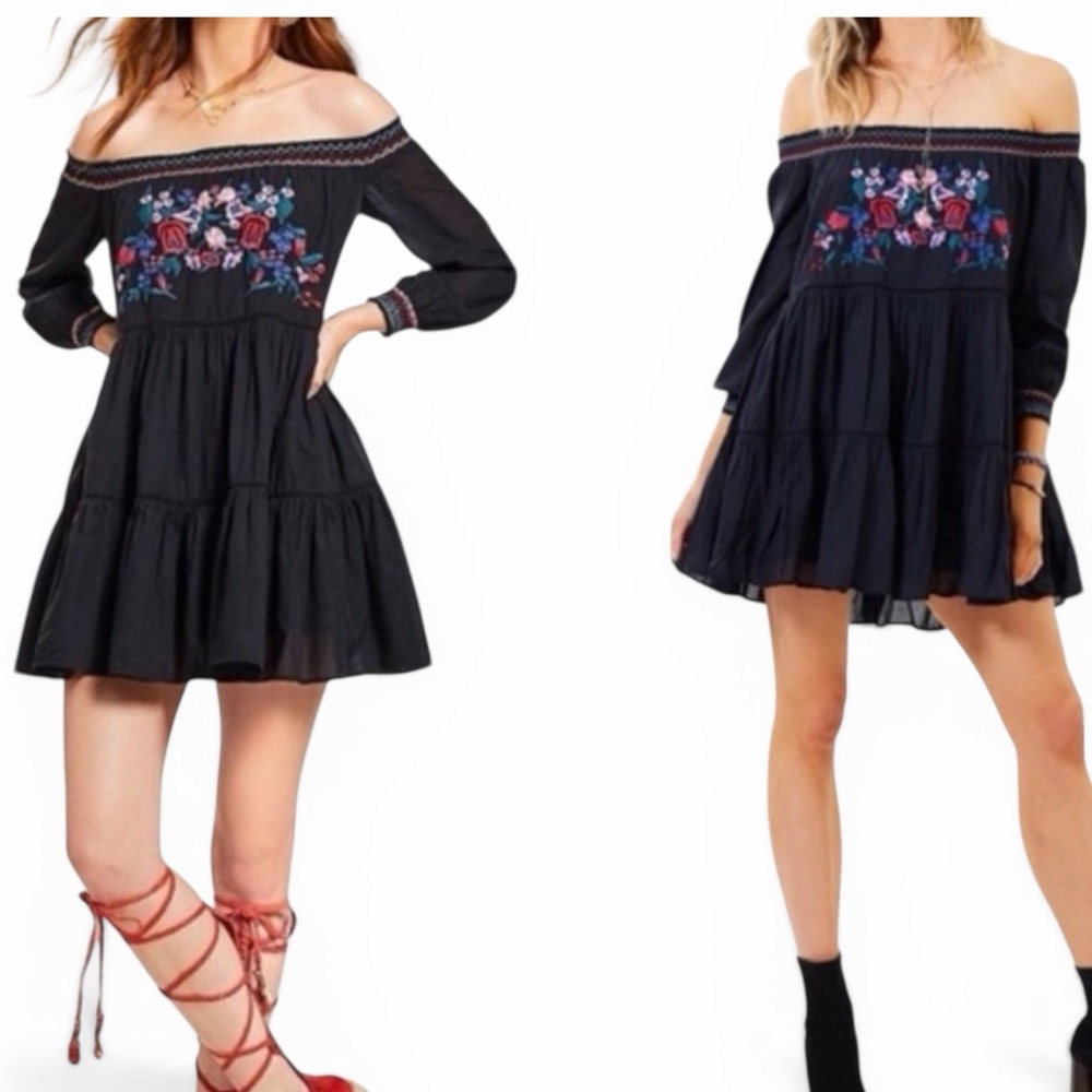 Free People Black Off-Shoulder Embroidered Tiered Mini Dress - Picture 2 of 5